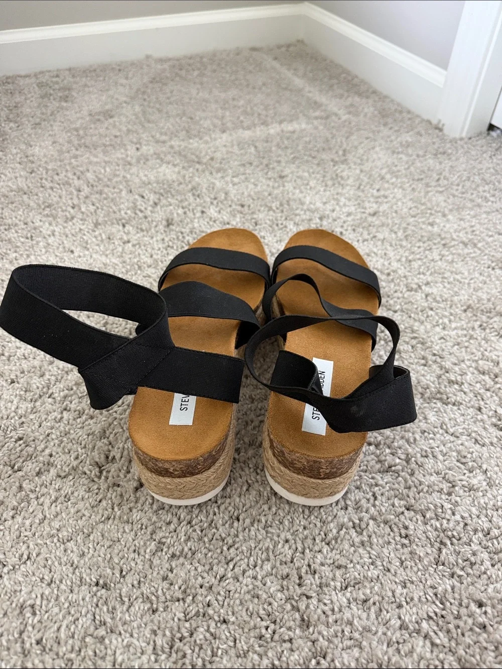 Steve Madden Black and Tan Espadrille Platform Sandals with Ankle Straps